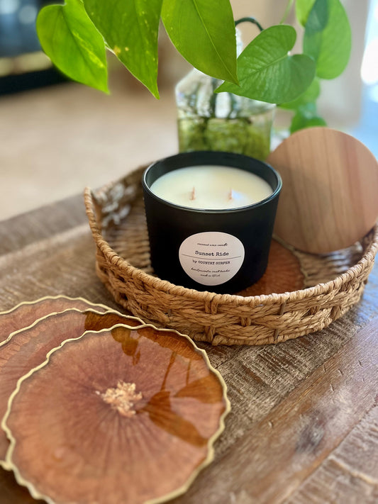 Geode Copper Coaster with Gold flakes in the middle as well as a painted gold edge