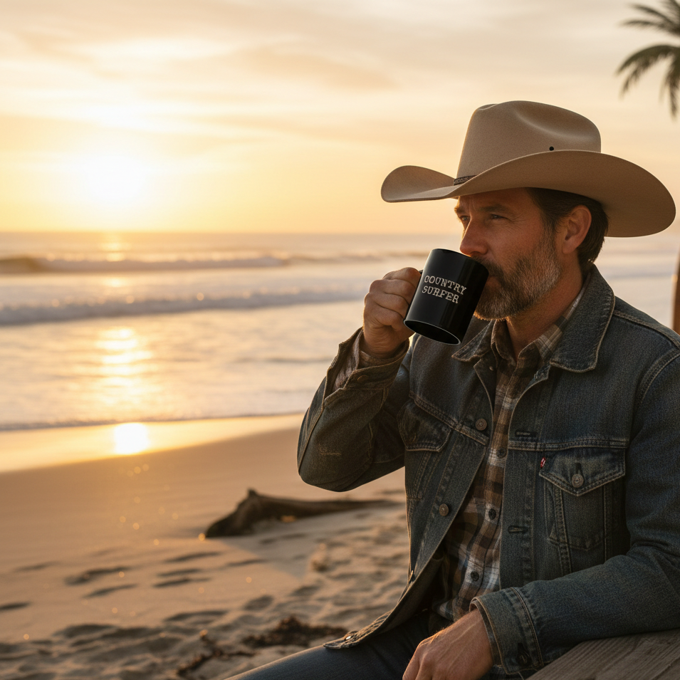 Man in cowboy hat drinking from a mug on a beach at sunset