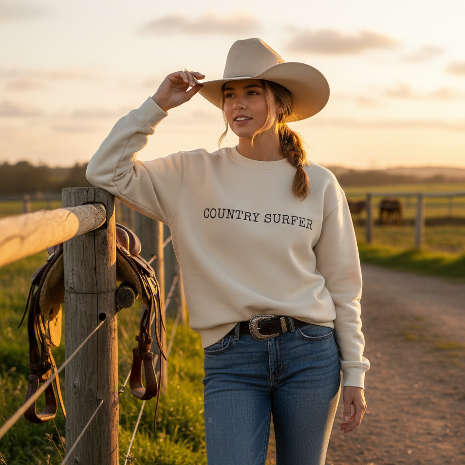 Woman wearing a 'COUNTRY SURFER' sweatshirt standing by a wooden fence on a rural landscape.