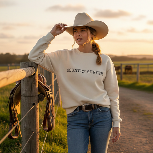Woman wearing a 'COUNTRY SURFER' sweatshirt standing by a wooden fence on a rural landscape.