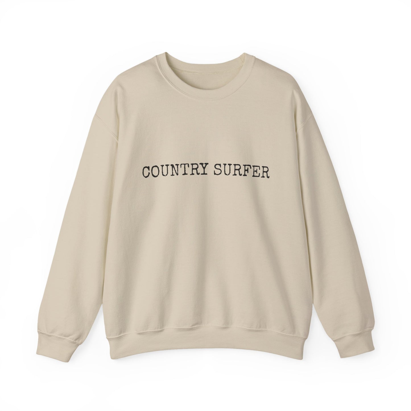 Beige sweatshirt with 'COUNTRY SURFER' text on a white background