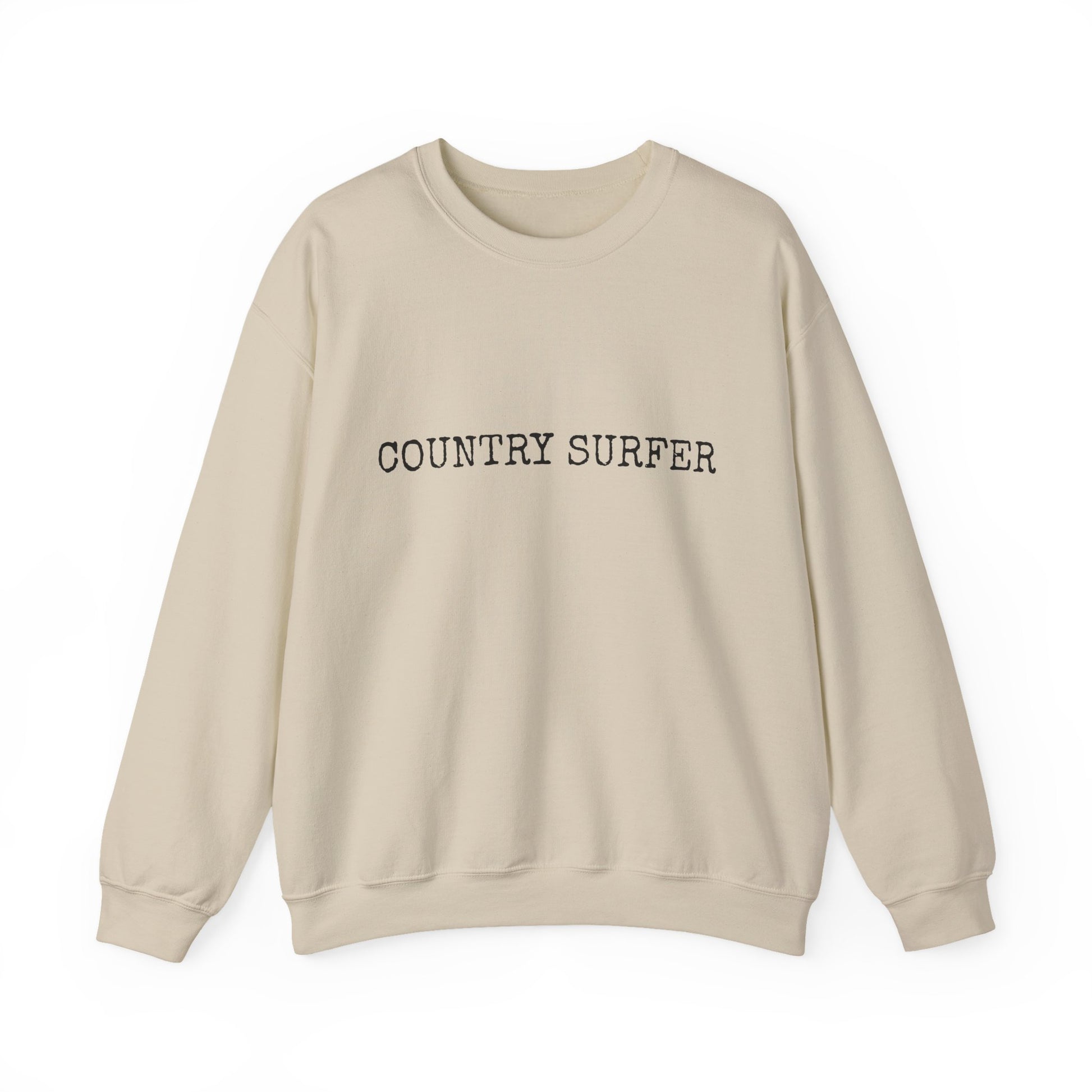 Beige sweatshirt with 'COUNTRY SURFER' text on a white background