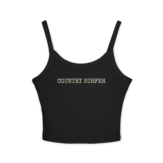 Black tank top with 'COUNTRY SURFER' text on a white background